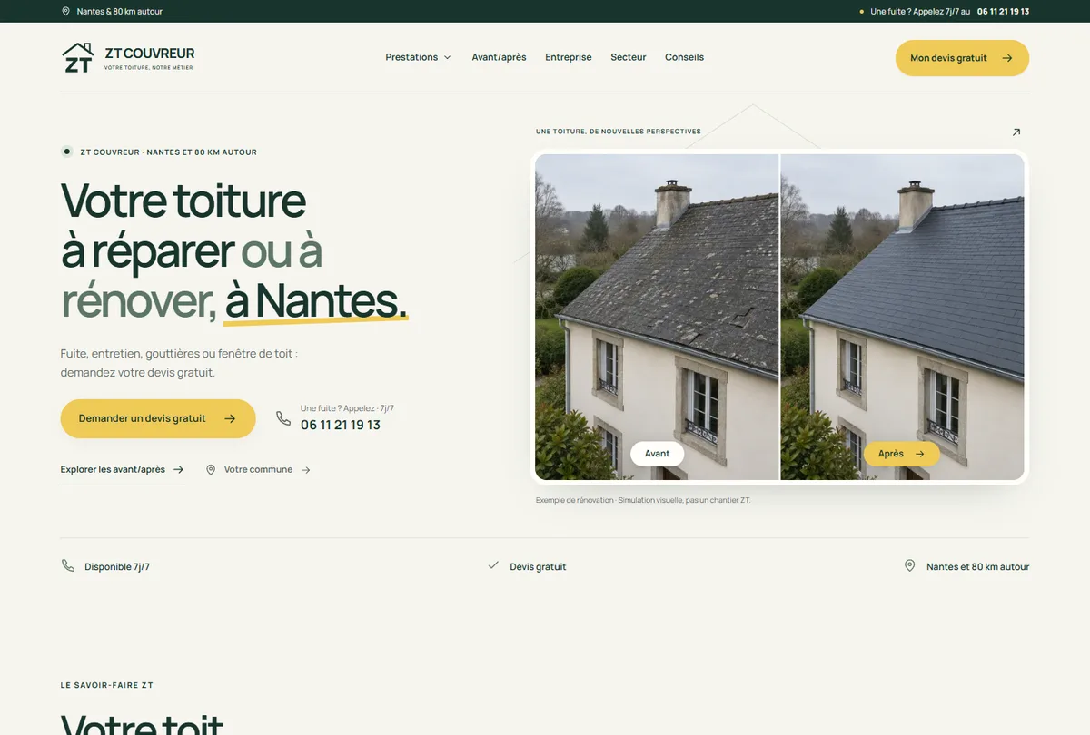 Le site ZT Couvreur : présentation du savoir-faire, toiture et demande de devis à Nantes.