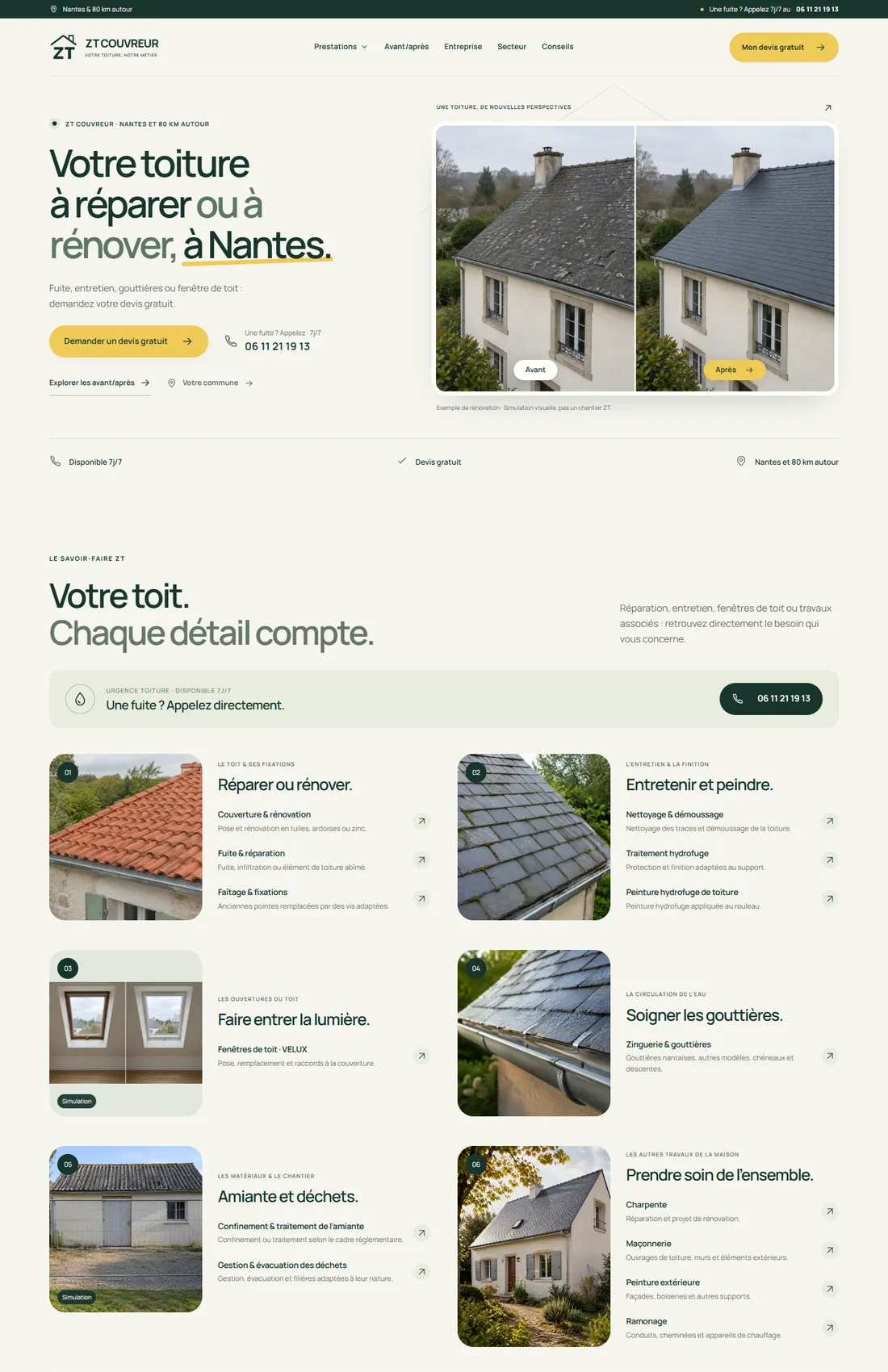 Page d’accueil de ZT Couvreur : prestations de toiture, parcours et informations pratiques.