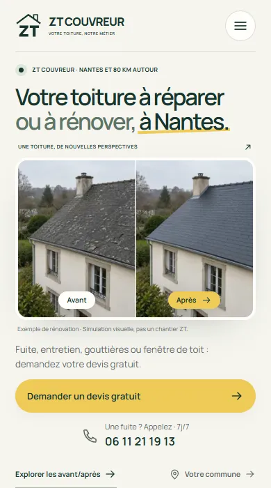 Version mobile du site ZT Couvreur, avec un accès direct à la demande de devis.
